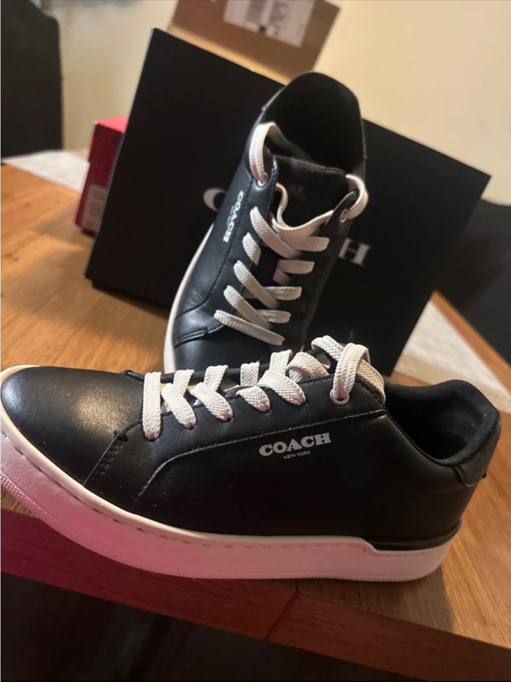 Coach Black Leather Sneakers with White Laces and Soles